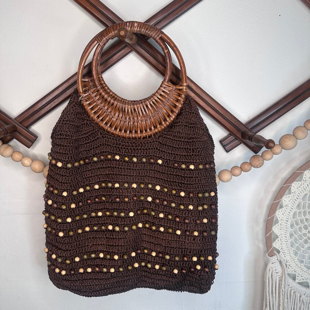 Vintage Wicker Woven Beaded Satchel Purse